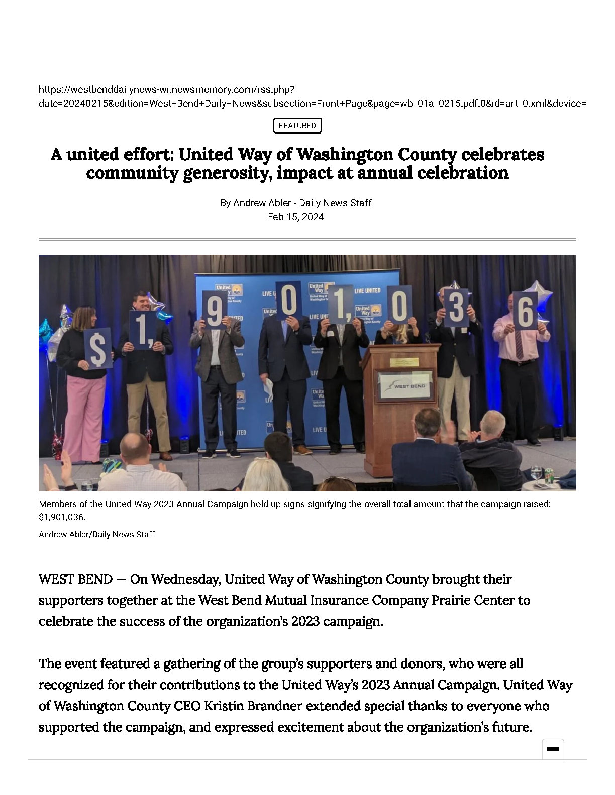 Page one of an article from the Daily News describing the 2023 United Way campaign success.