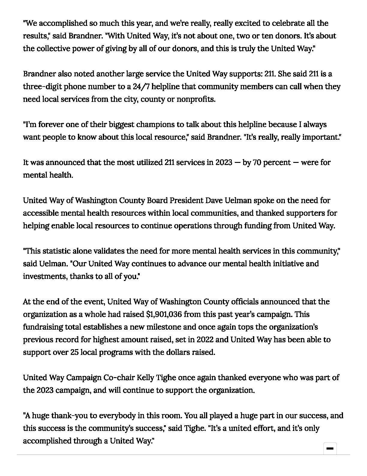 Page two of an article from the Daily News describing the 2023 United Way campaign success.