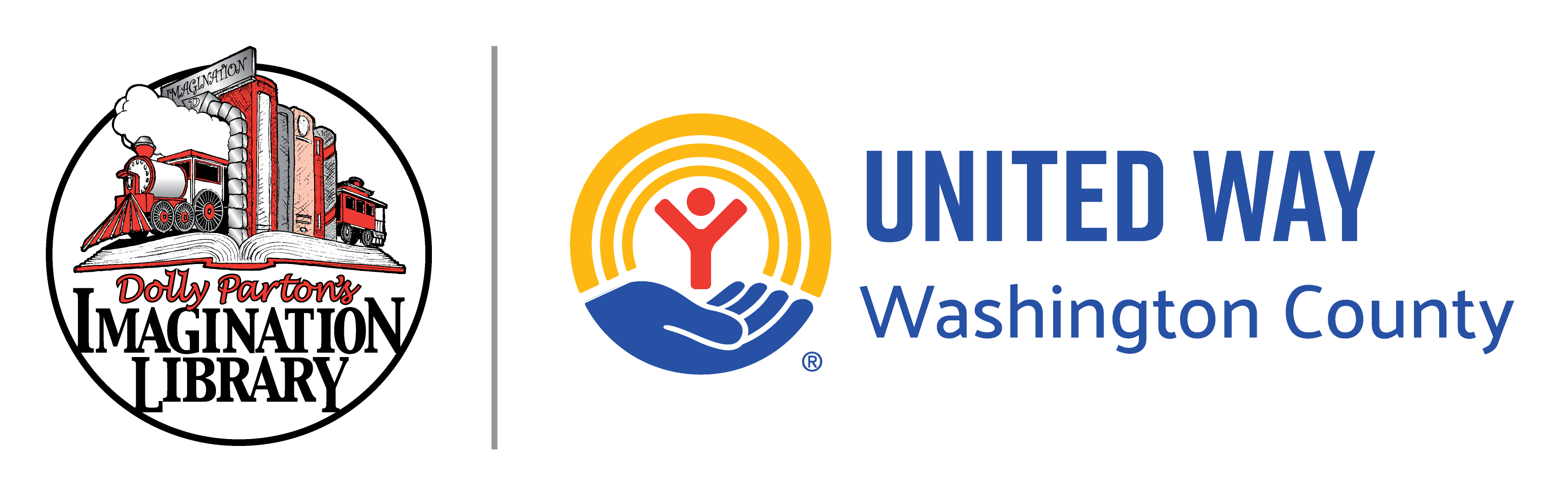 The image depicts the Dolly Parton Imagination Library logo to the left of the United Way of Washington County logo.