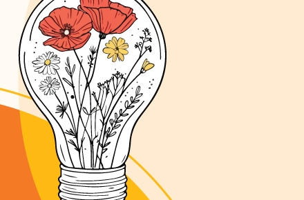 A light bulb represents thinking. Inside the lightbulb are wildflowers growing to represent spring.