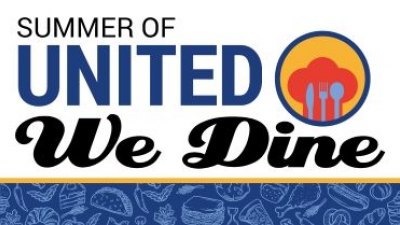 The words "Summer of United We Dine" with chef's hat, silverware and blue graphics of food.